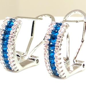 Silver Blue/White CZ Leverback Earrings